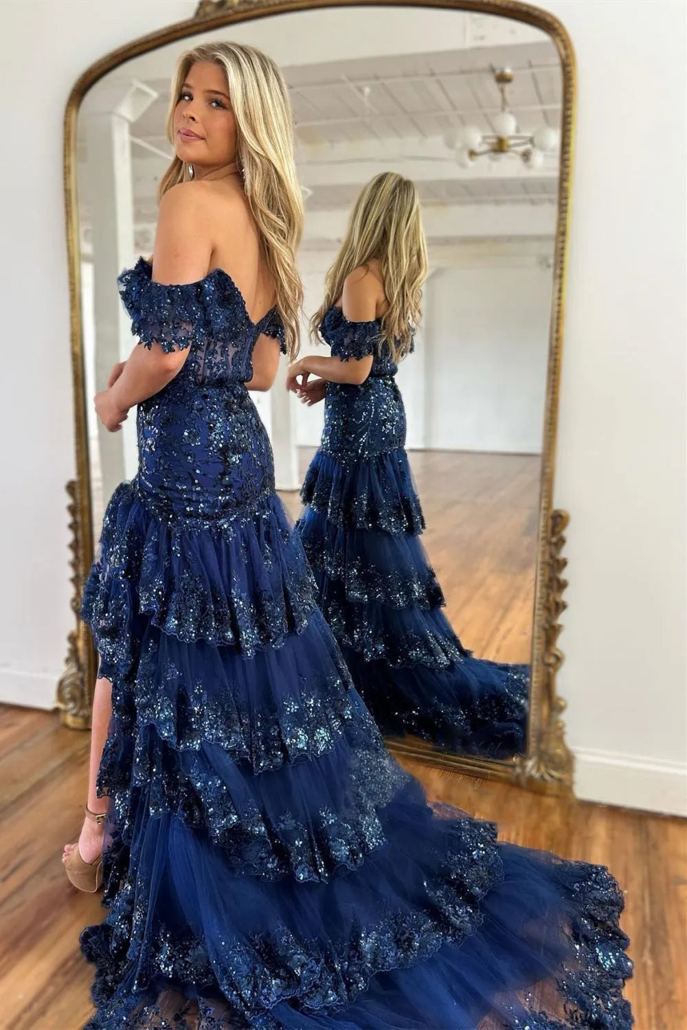 Beautiful Mermaid Off The Shoulder Navy Sequins Long Prom Dress With Appliques AD092