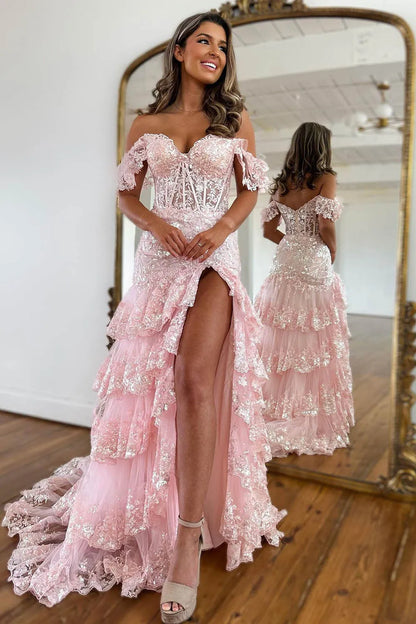 Beautiful Mermaid Off The Shoulder Navy Sequins Long Prom Dress With Appliques AD092