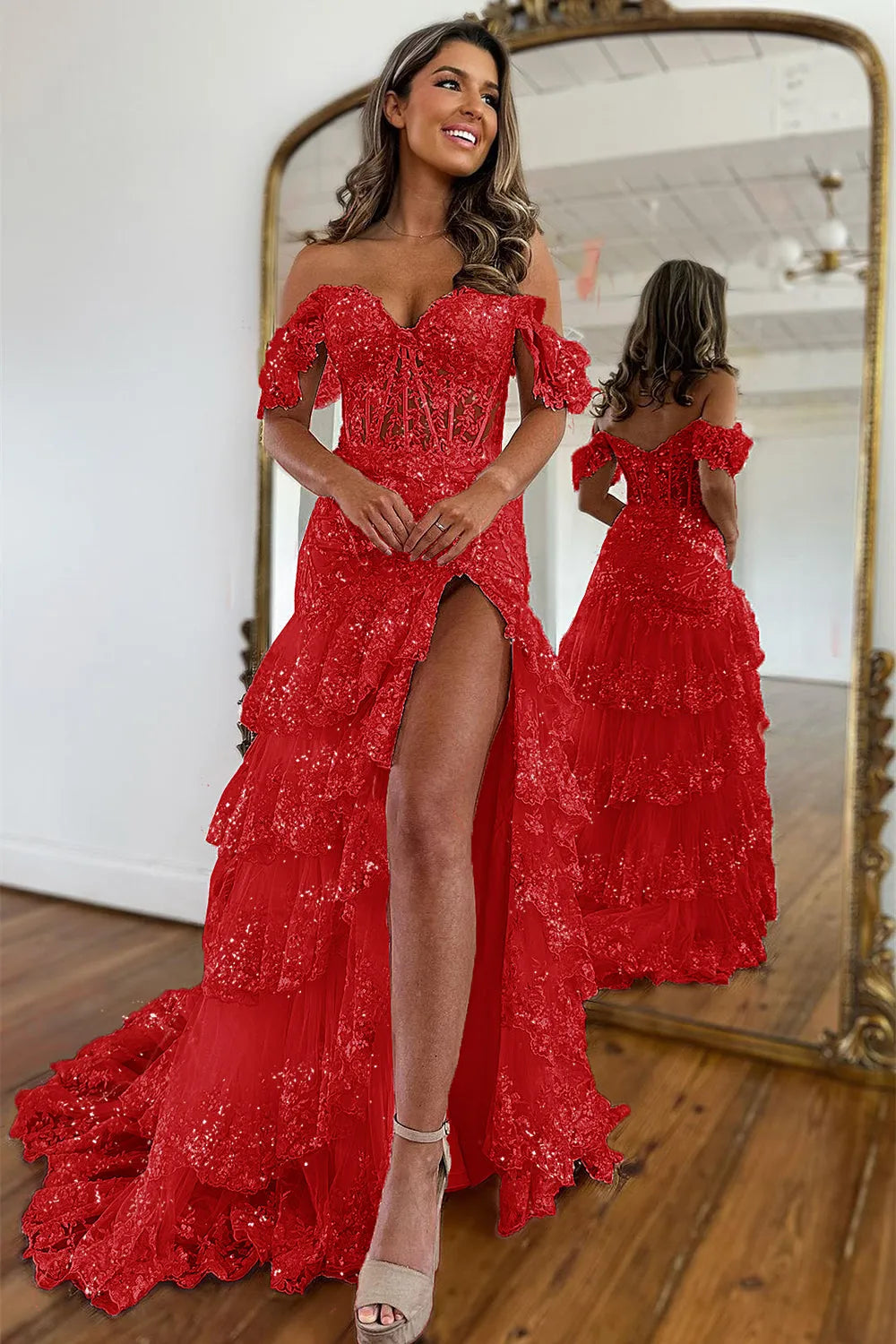 Beautiful Mermaid Off The Shoulder Navy Sequins Long Prom Dress With Appliques AD092
