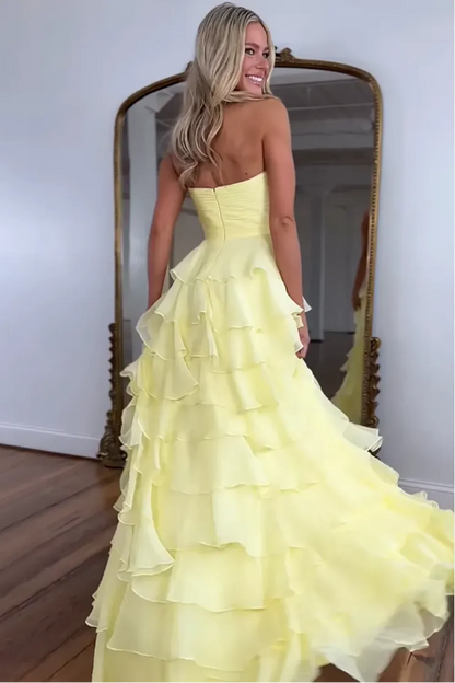 Cute Yellow Sweetheart Zipper Back A-Line Tiered Chiffon Prom Dress With Let Slit AD093