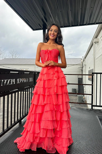 Cute Yellow Sweetheart Zipper Back A-Line Tiered Chiffon Prom Dress With Let Slit AD093