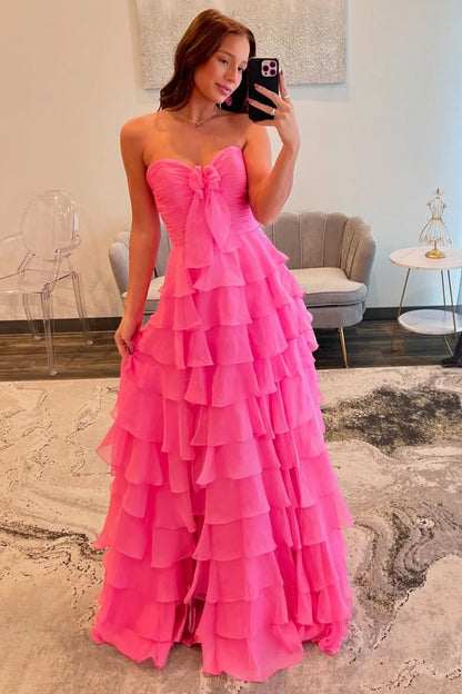 Cute Yellow Sweetheart Zipper Back A-Line Tiered Chiffon Prom Dress With Let Slit AD093