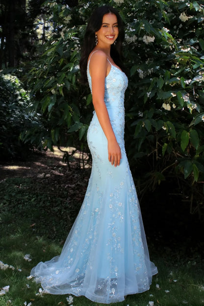 Glitter Light Blue Spaghetti Straps Floral Appliqué Mermaid Prom Dress AD094