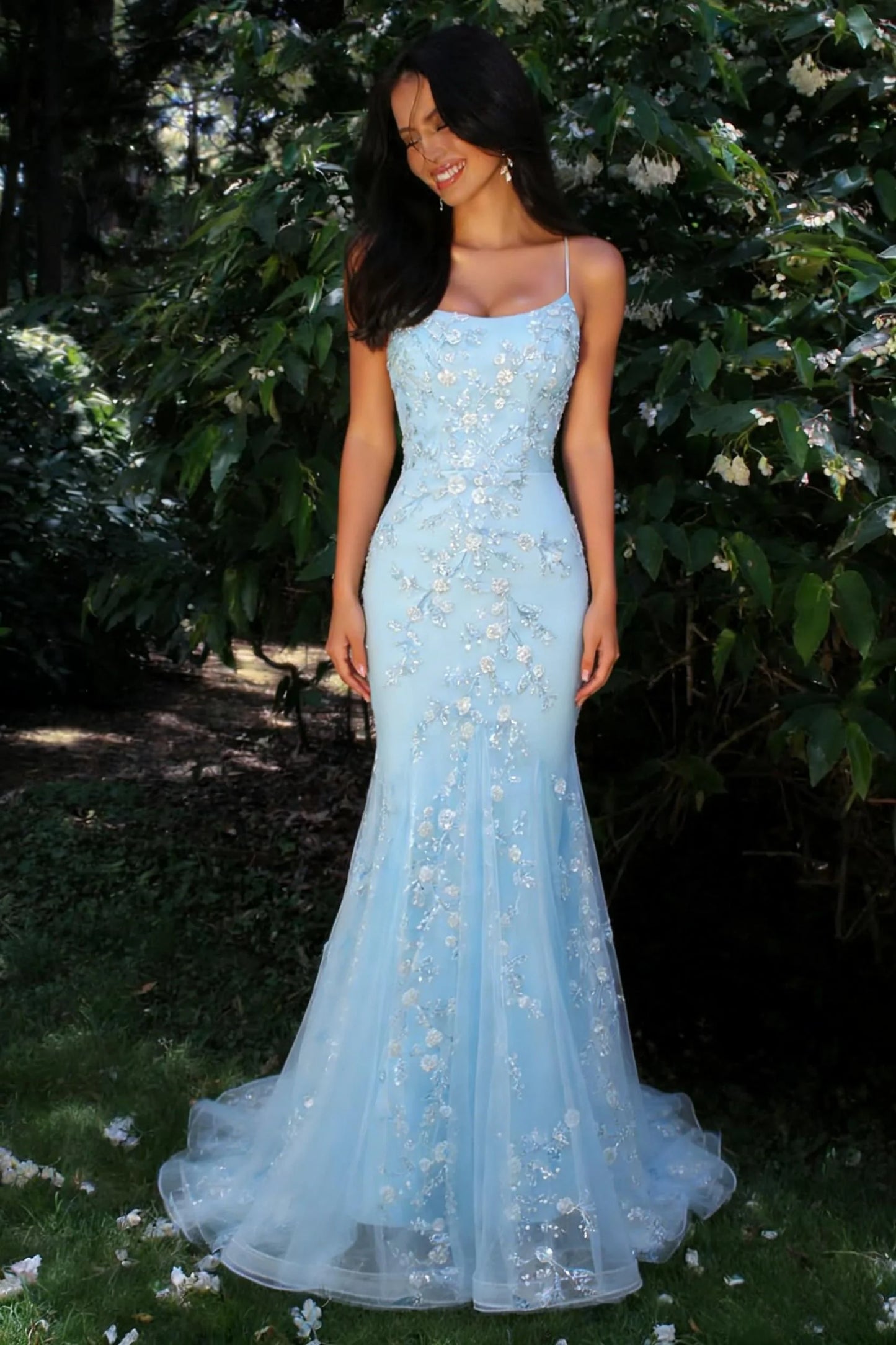 Glitter Light Blue Spaghetti Straps Floral Appliqué Mermaid Prom Dress AD094