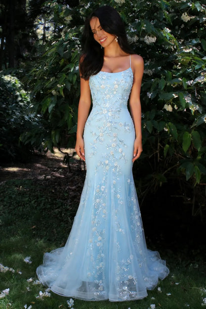 Glitter Light Blue Spaghetti Straps Floral Appliqué Mermaid Prom Dress AD094