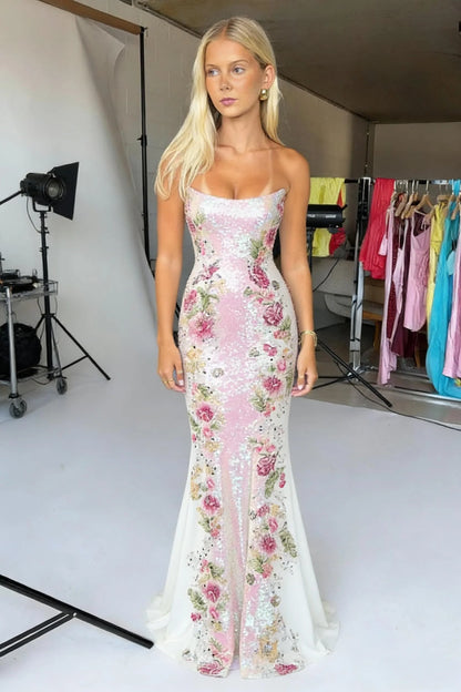 Elegant Floral Sequin Strapless Prom Dress With Pink And White Detailing AD095
