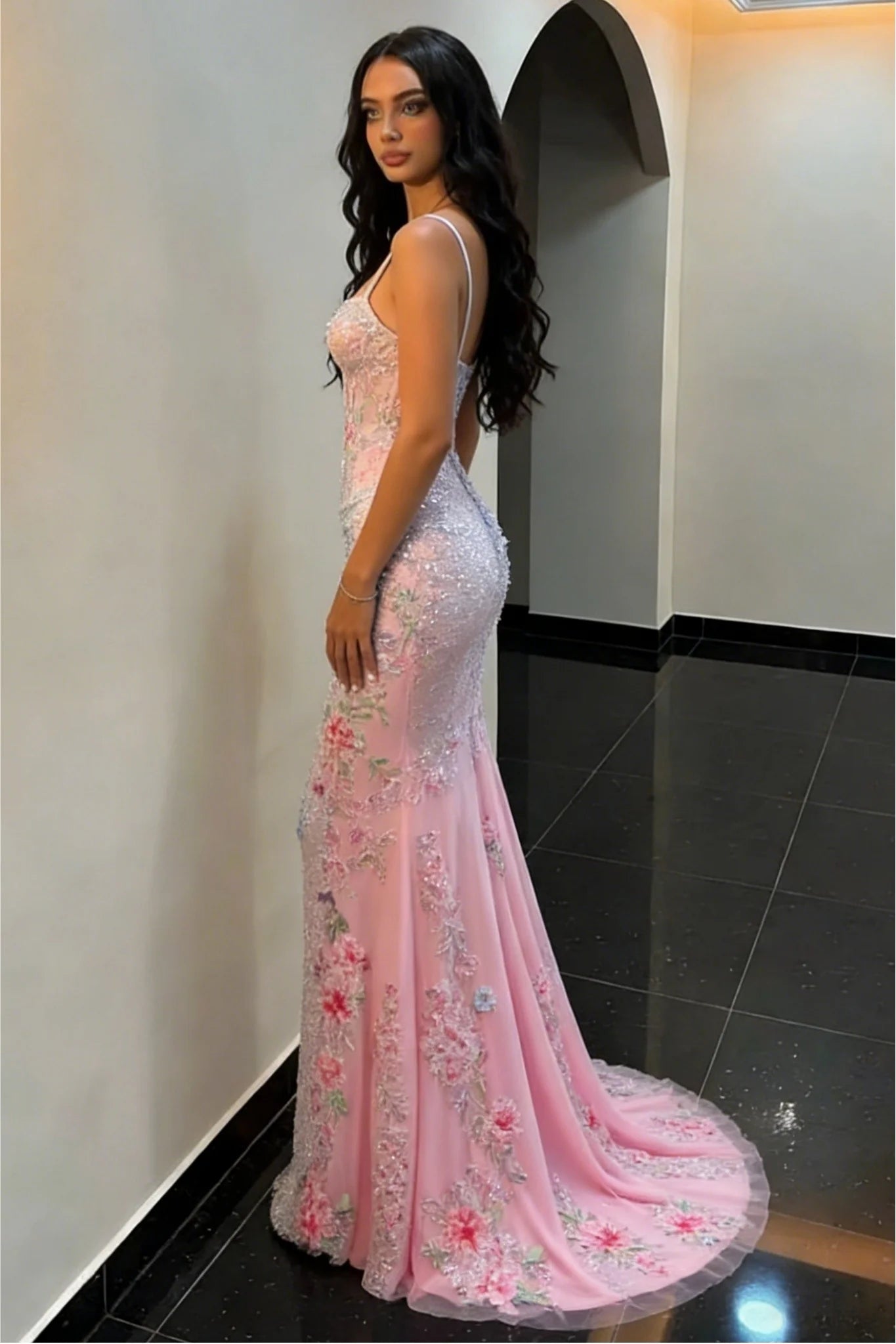 Blush Pink Sparkly Floral Beaded Spaghetti Straps Mermaid Prom Dress AD096