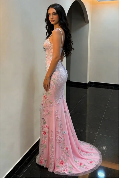 Blush Pink Sparkly Floral Beaded Spaghetti Straps Mermaid Prom Dress AD096