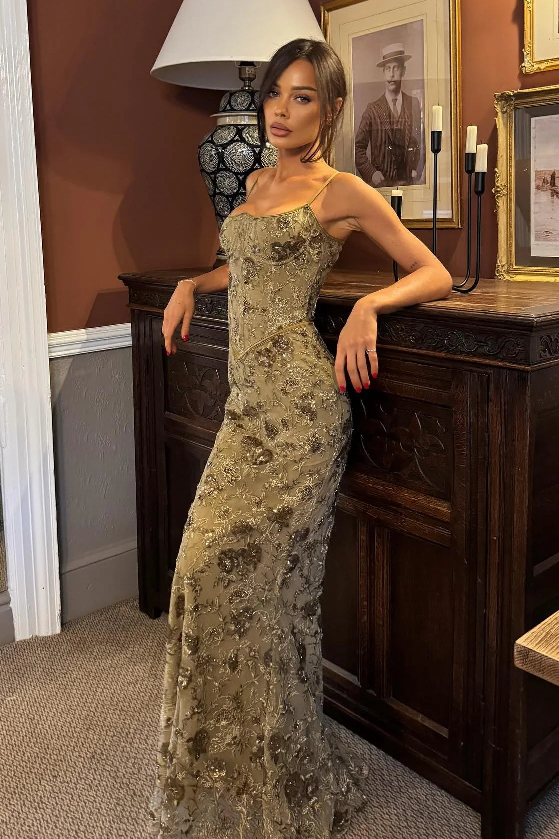 Gorgeous Mermaid Spaghetti Straps Green Lace Long Prom Dress With Appliques AD099