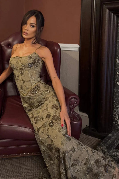 Gorgeous Mermaid Spaghetti Straps Green Lace Long Prom Dress With Appliques AD099