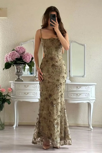 Gorgeous Mermaid Spaghetti Straps Green Lace Long Prom Dress With Appliques AD099
