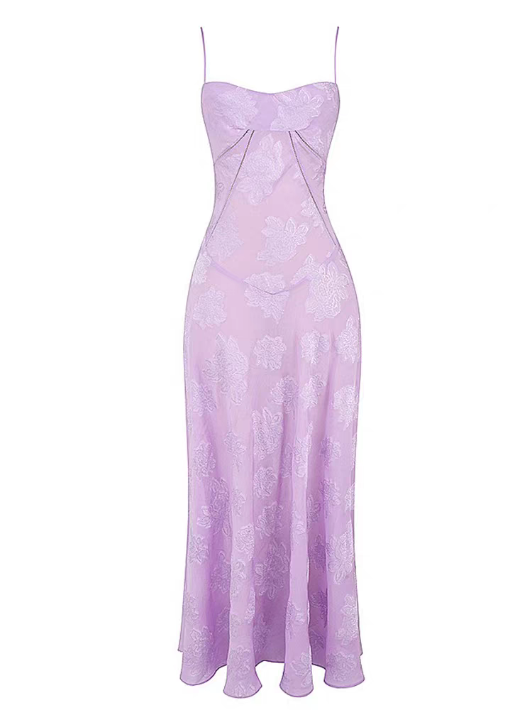 Sleek Lavender Floral Jacquard Satin Spaghetti Straps Corset A Line Long Prom Dress AD1000