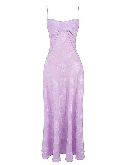 Sleek Lavender Floral Jacquard Satin Spaghetti Straps Corset A Line Long Prom Dress AD1000