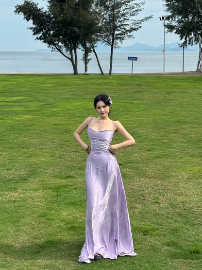 Sleek Lavender Floral Jacquard Satin Spaghetti Straps Corset A Line Long Prom Dress AD1000