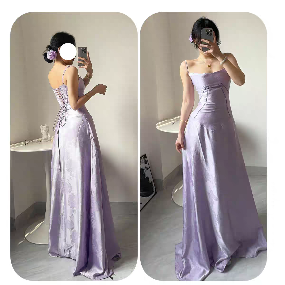 Sleek Lavender Floral Jacquard Satin Spaghetti Straps Corset A Line Long Prom Dress AD1000