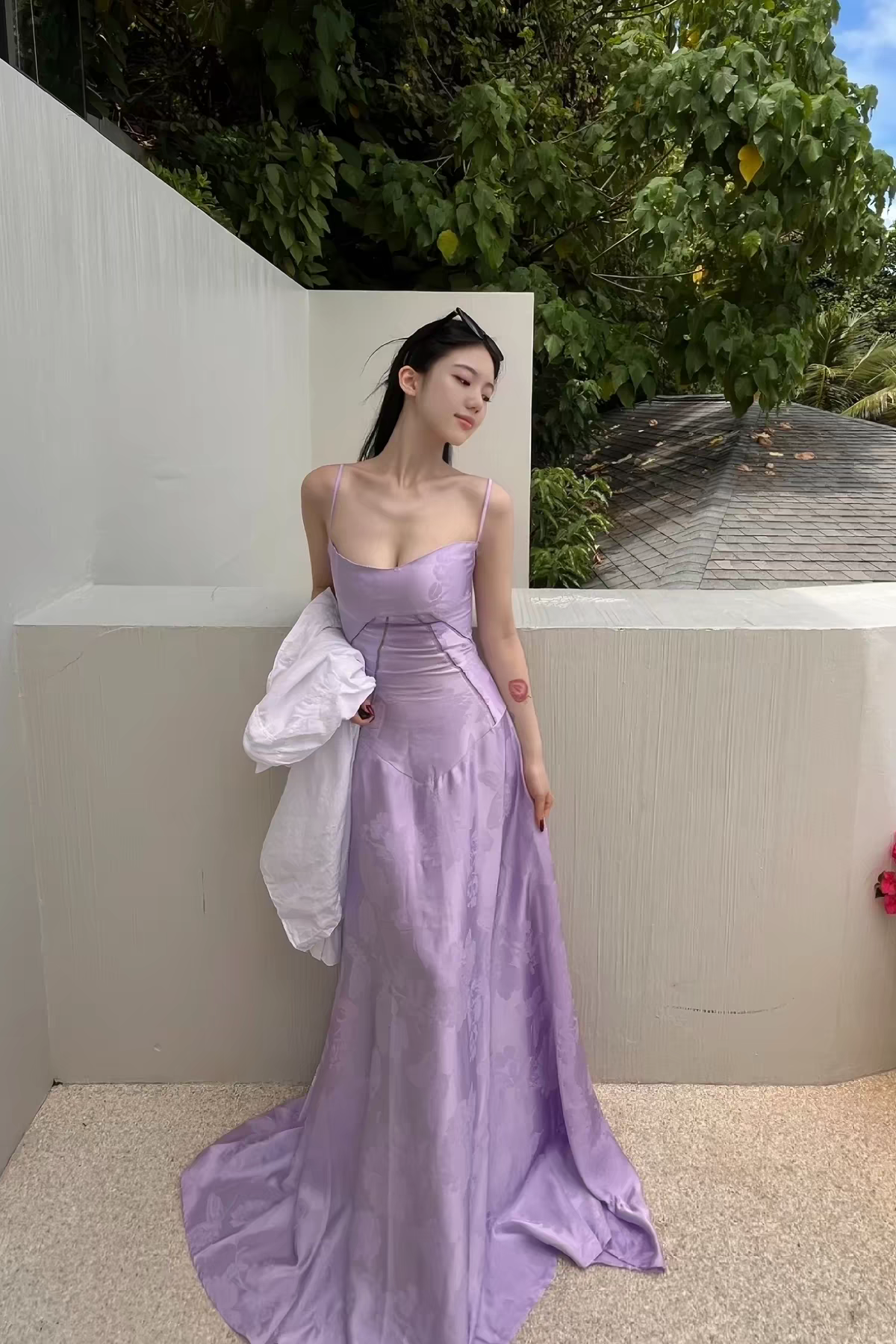 Sleek Lavender Floral Jacquard Satin Spaghetti Straps Corset A Line Long Prom Dress AD1000