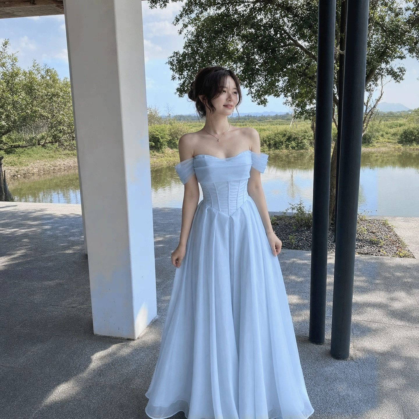 Ethereal Light Blue Off Shoulder Corset Airy Flowy Tulle Floor-Length A Line Prom Dress AD1001