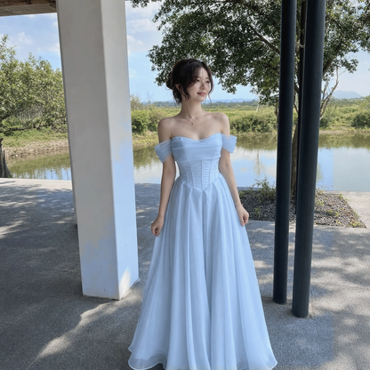 Ethereal Light Blue Off Shoulder Corset Airy Flowy Tulle Floor-Length A Line Prom Dress AD1001
