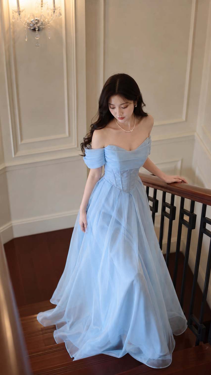 Ethereal Light Blue Off Shoulder Corset Airy Flowy Tulle Floor-Length A Line Prom Dress AD1001