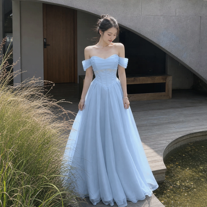 Ethereal Light Blue Off Shoulder Corset Airy Flowy Tulle Floor-Length A Line Prom Dress AD1001
