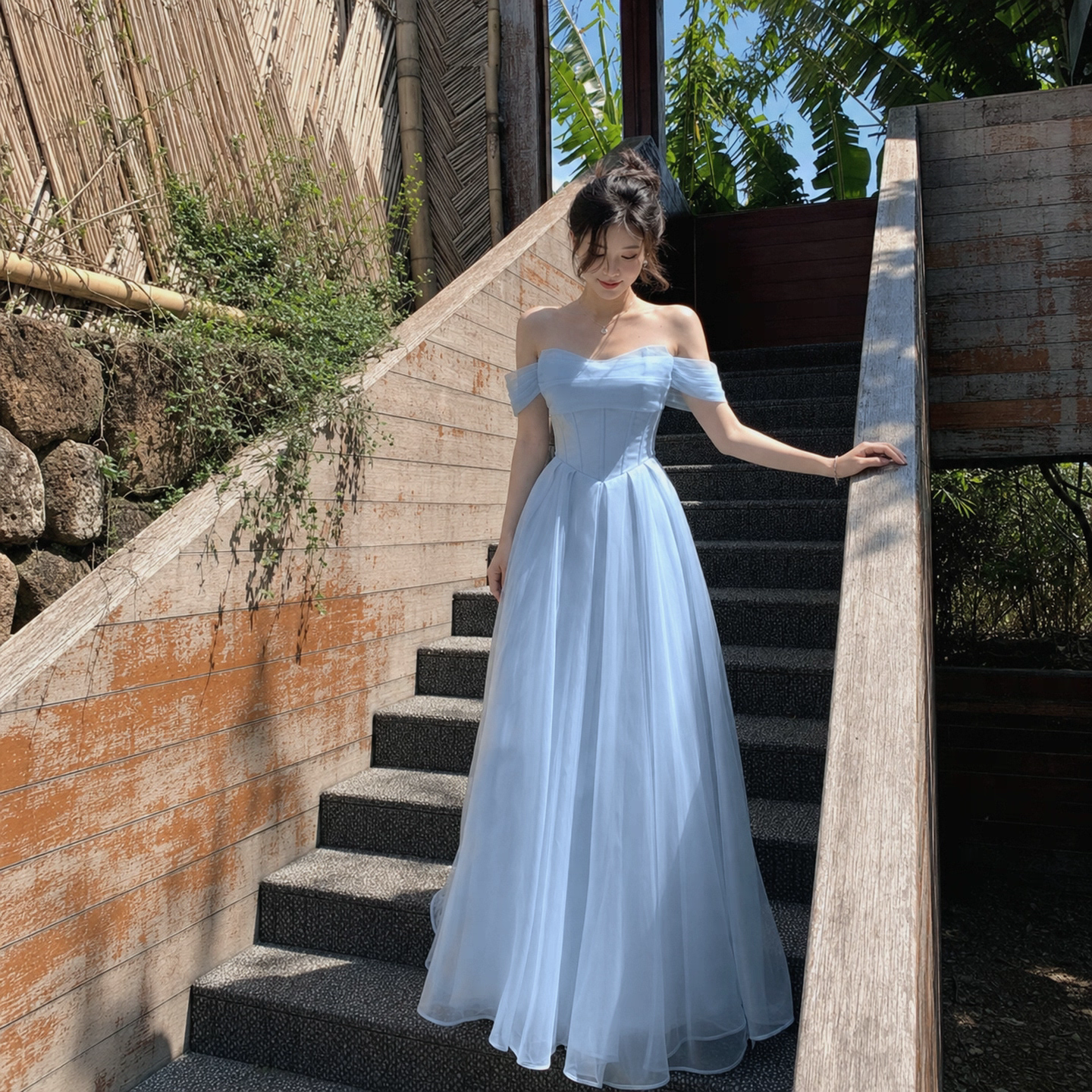 Ethereal Light Blue Off Shoulder Corset Airy Flowy Tulle Floor-Length A Line Prom Dress AD1001
