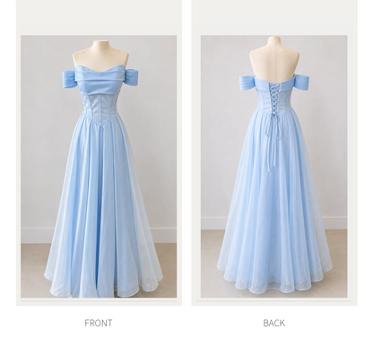 Ethereal Light Blue Off Shoulder Corset Airy Flowy Tulle Floor-Length A Line Prom Dress AD1001