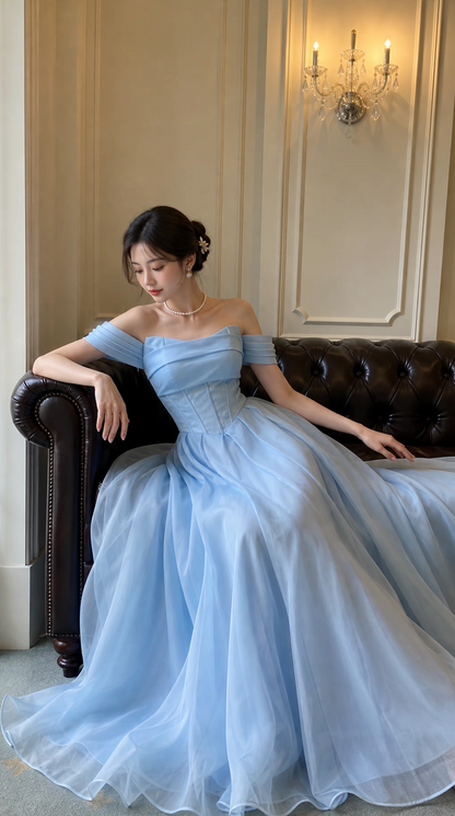 Ethereal Light Blue Off Shoulder Corset Airy Flowy Tulle Floor-Length A Line Prom Dress AD1001