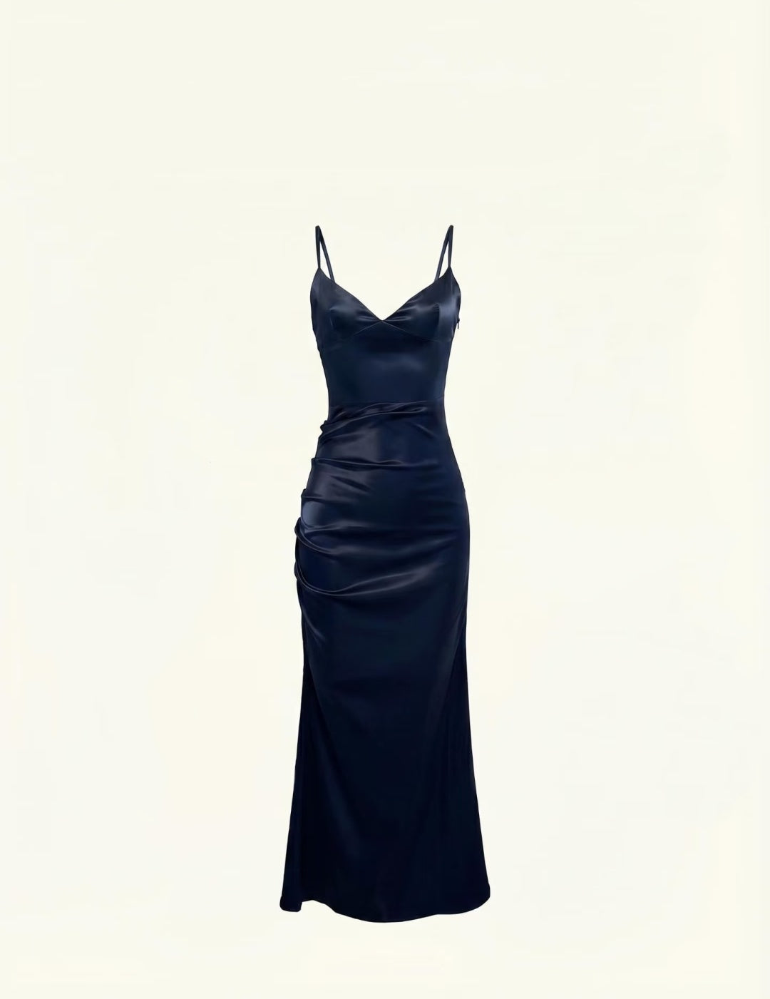 Hot Sale Minimal Glam Navy Blue Spaghetti Strap V Neck Side Ruched Satin Long Mermaid Prom Dress AD1002