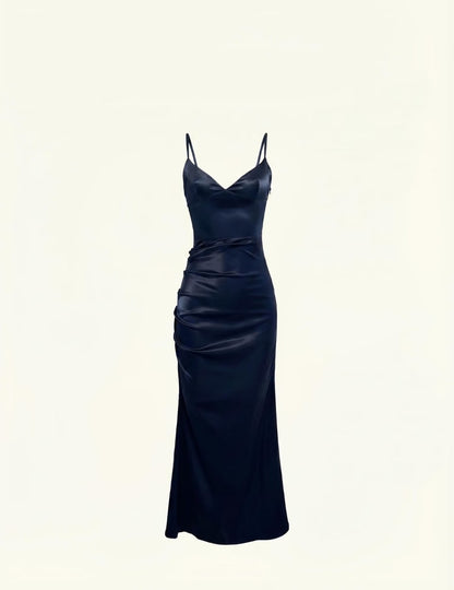 Hot Sale Minimal Glam Navy Blue Spaghetti Strap V Neck Side Ruched Satin Long Mermaid Prom Dress AD1002