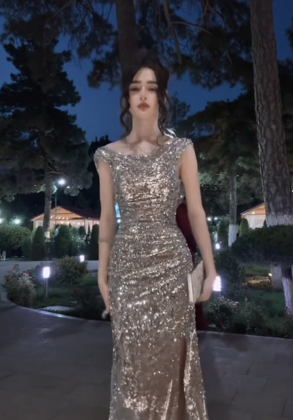 Luxury Champagne Cowl Neck Back Side High Split Sparkle Sequin Long Mermaid Prom Dress AD1003