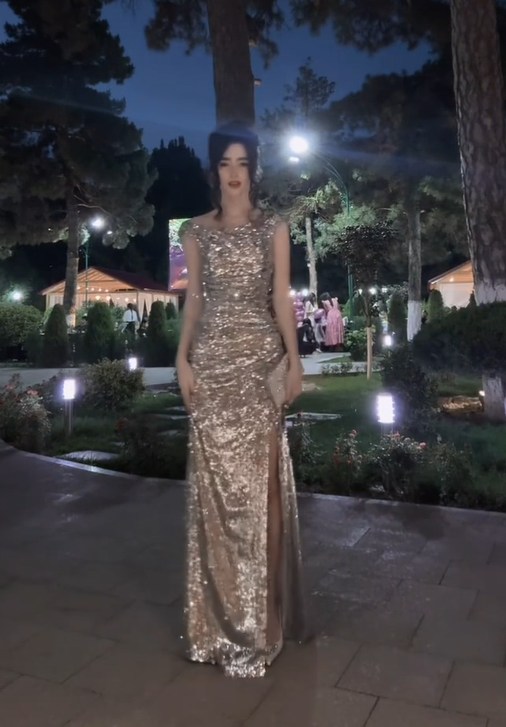 Luxury Champagne Cowl Neck Back Side High Split Sparkle Sequin Long Mermaid Prom Dress AD1003