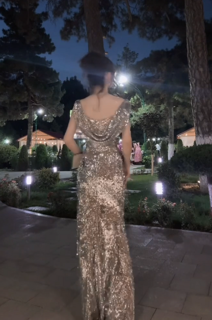 Luxury Champagne Cowl Neck Back Side High Split Sparkle Sequin Long Mermaid Prom Dress AD1003