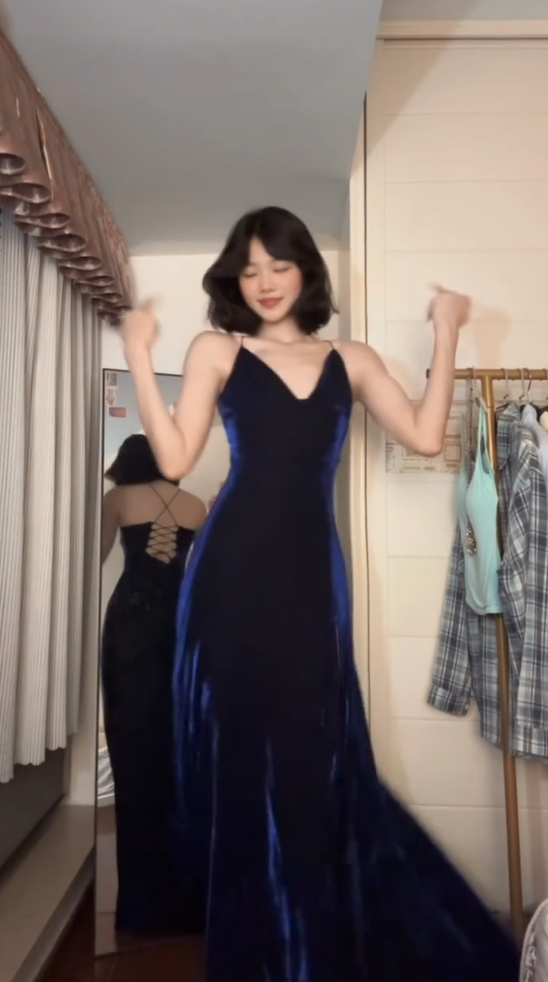 Elegant Navy Spaghetti Strap V Neck Back Lace Up Side High Split Velvet Long Mermaid Prom Dress AD1004