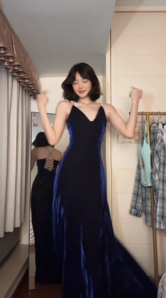 Elegant Navy Spaghetti Strap V Neck Back Lace Up Side High Split Velvet Long Mermaid Prom Dress AD1004