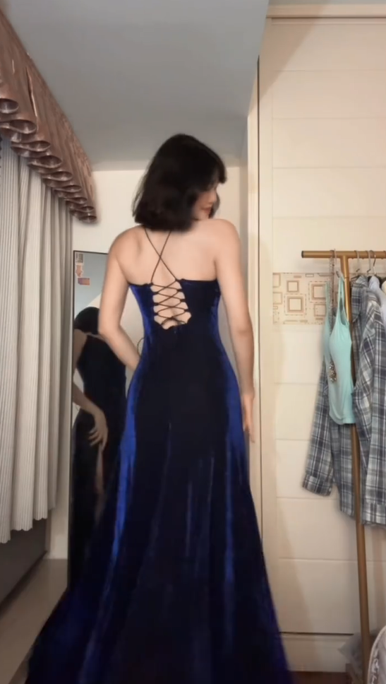 Elegant Navy Spaghetti Strap V Neck Back Lace Up Side High Split Velvet Long Mermaid Prom Dress AD1004
