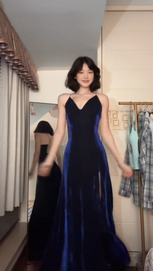 Elegant Navy Spaghetti Strap V Neck Back Lace Up Side High Split Velvet Long Mermaid Prom Dress AD1004
