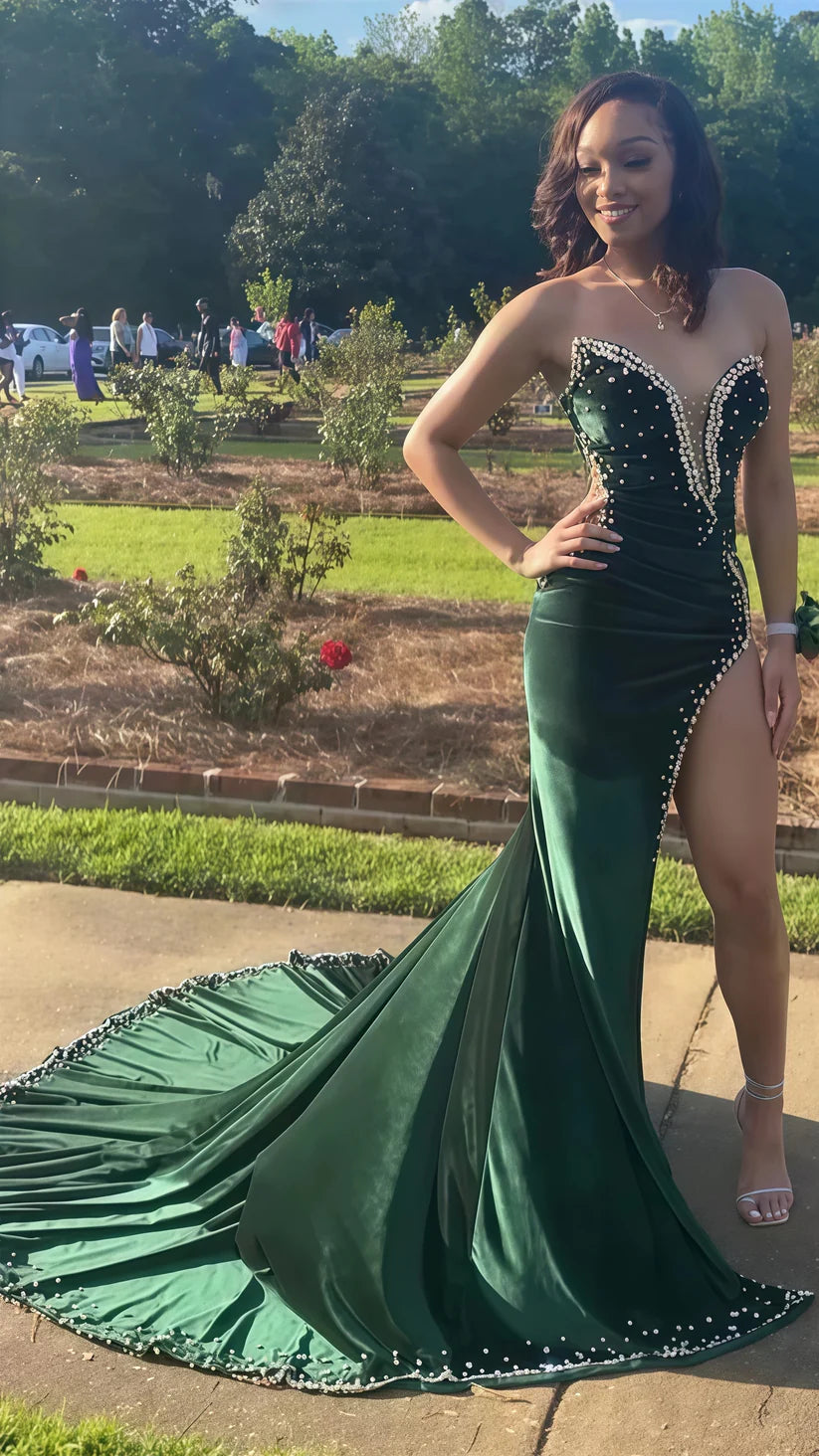 Luxurious Emerald Green Deep V Illusion Neckline Rhinestone Trim High Thigh Chapel Train Mermaid Prom Dress AD1005