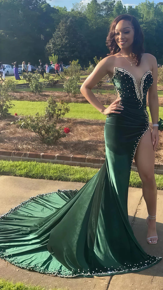 Luxurious Emerald Green Deep V Illusion Neckline Rhinestone Trim High Thigh Chapel Train Mermaid Prom Dress AD1005
