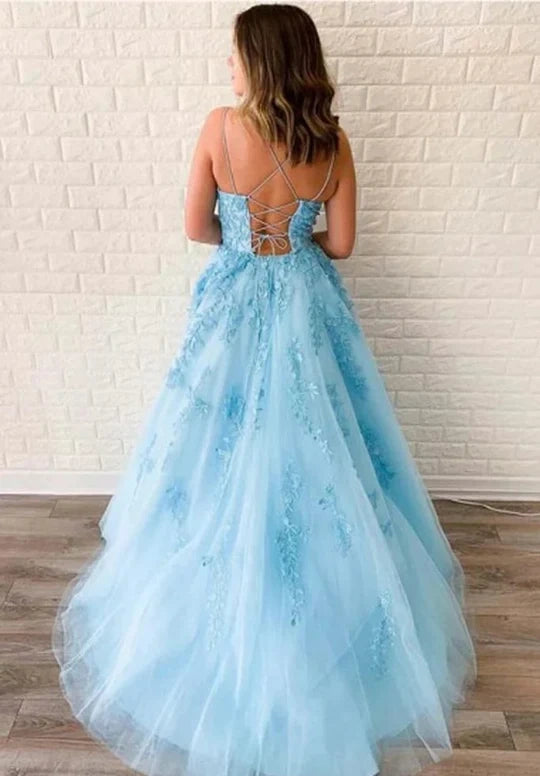 Romantic Yellow Spaghetti Strap Floral Lace Appliques A-Line Tulle Long Prom Dress AD1006