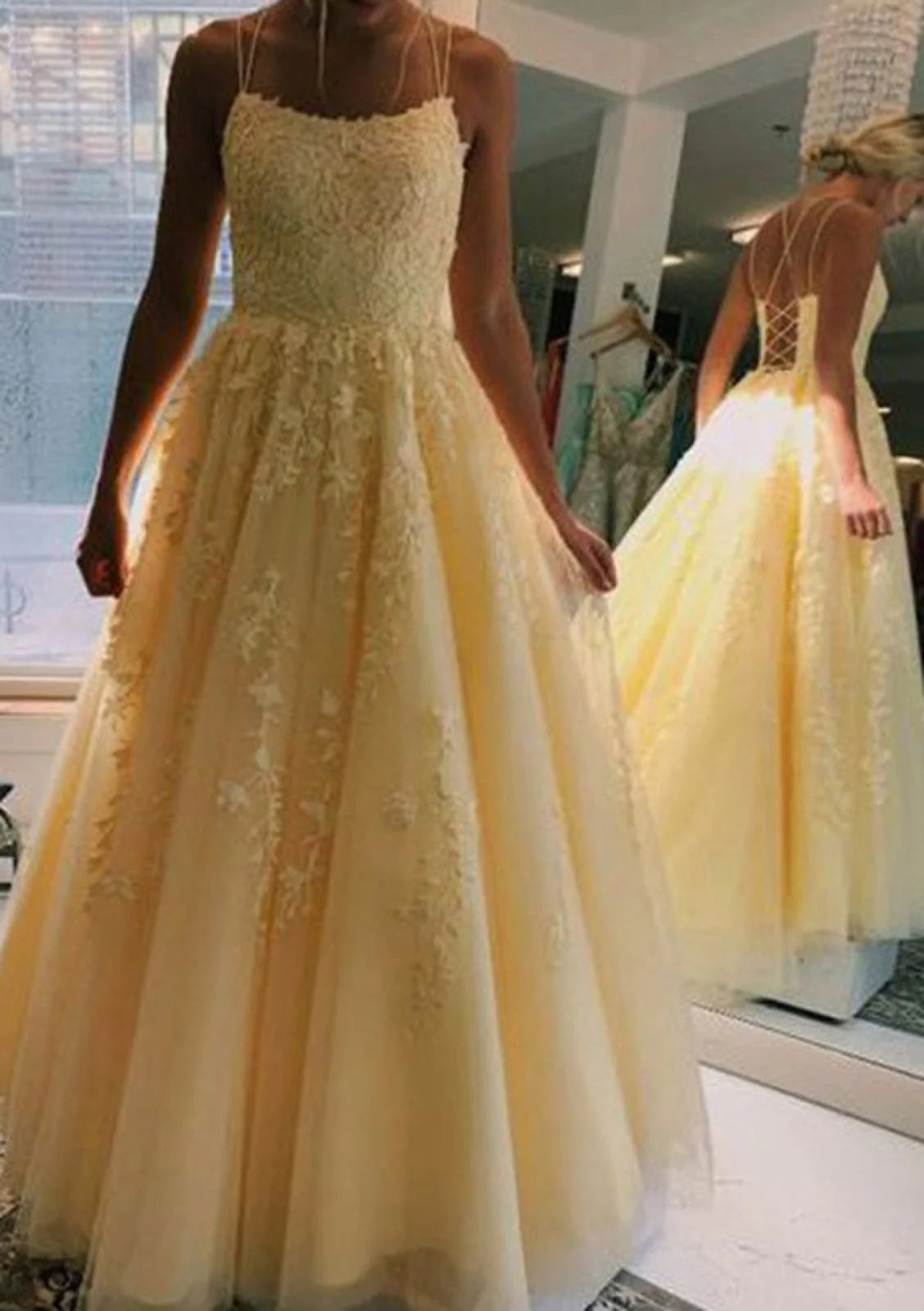 Romantic Yellow Spaghetti Strap Floral Lace Appliques A-Line Tulle Long Prom Dress AD1006