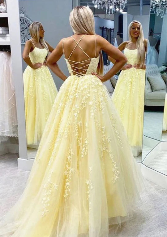 Romantic Yellow Spaghetti Strap Floral Lace Appliques A-Line Tulle Long Prom Dress AD1006
