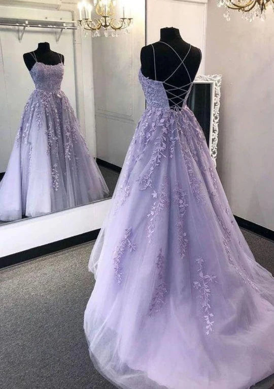 Romantic Yellow Spaghetti Strap Floral Lace Appliques A-Line Tulle Long Prom Dress AD1006