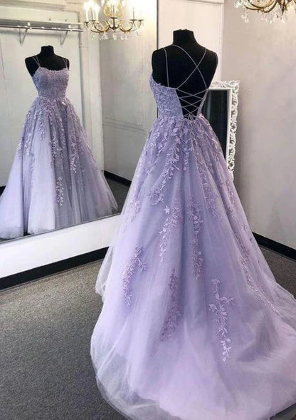 Romantic Yellow Spaghetti Strap Floral Lace Appliques A-Line Tulle Long Prom Dress AD1006