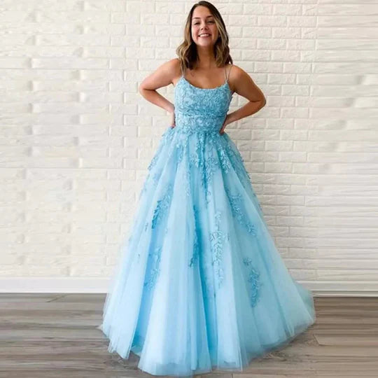 Romantic Yellow Spaghetti Strap Floral Lace Appliques A-Line Tulle Long Prom Dress AD1006
