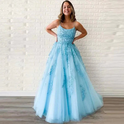 Romantic Yellow Spaghetti Strap Floral Lace Appliques A-Line Tulle Long Prom Dress AD1006