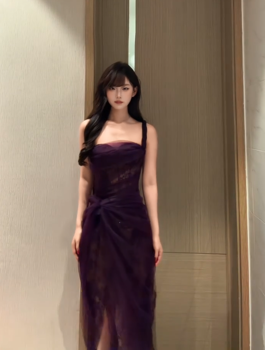 Elegant Dark Purple Mesh Straps Runched Tulle Floral Sheer Lace Waist Twist Knot High Slit Mermaid Long Prom Dress AD1007