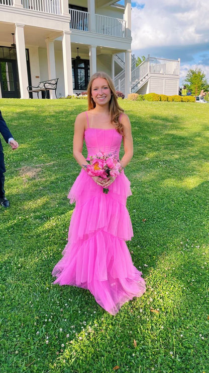 Vibrant Hot Pink Spaghetti Strap Mesh Corset Bodice Tiered Maxi Tulle A Line Long Prom Dress AD1008
