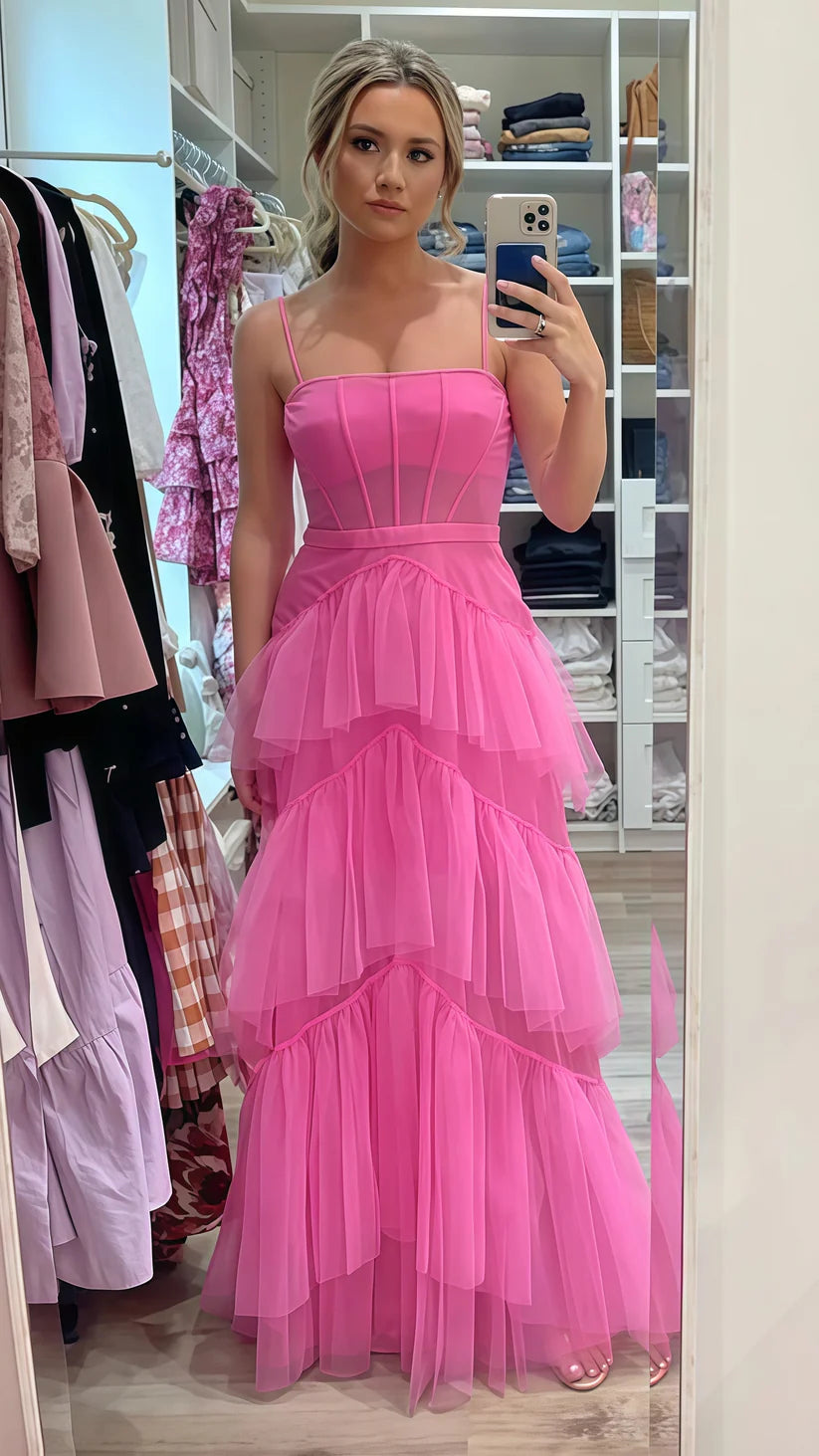 Vibrant Hot Pink Spaghetti Strap Mesh Corset Bodice Tiered Maxi Tulle A Line Long Prom Dress AD1008