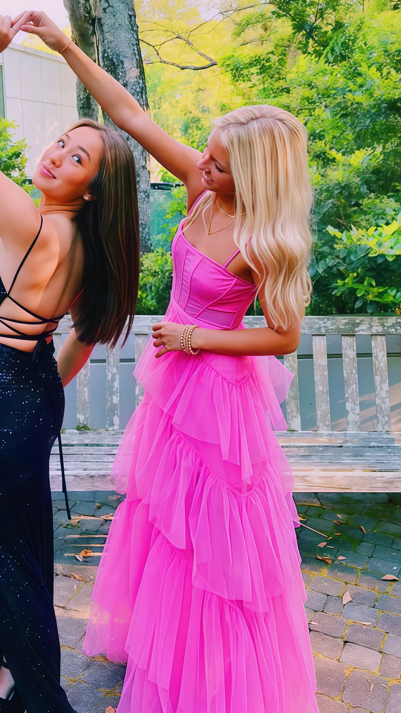 Vibrant Hot Pink Spaghetti Strap Mesh Corset Bodice Tiered Maxi Tulle A Line Long Prom Dress AD1008