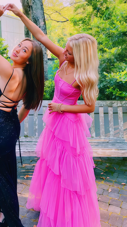 Vibrant Hot Pink Spaghetti Strap Mesh Corset Bodice Tiered Maxi Tulle A Line Long Prom Dress AD1008